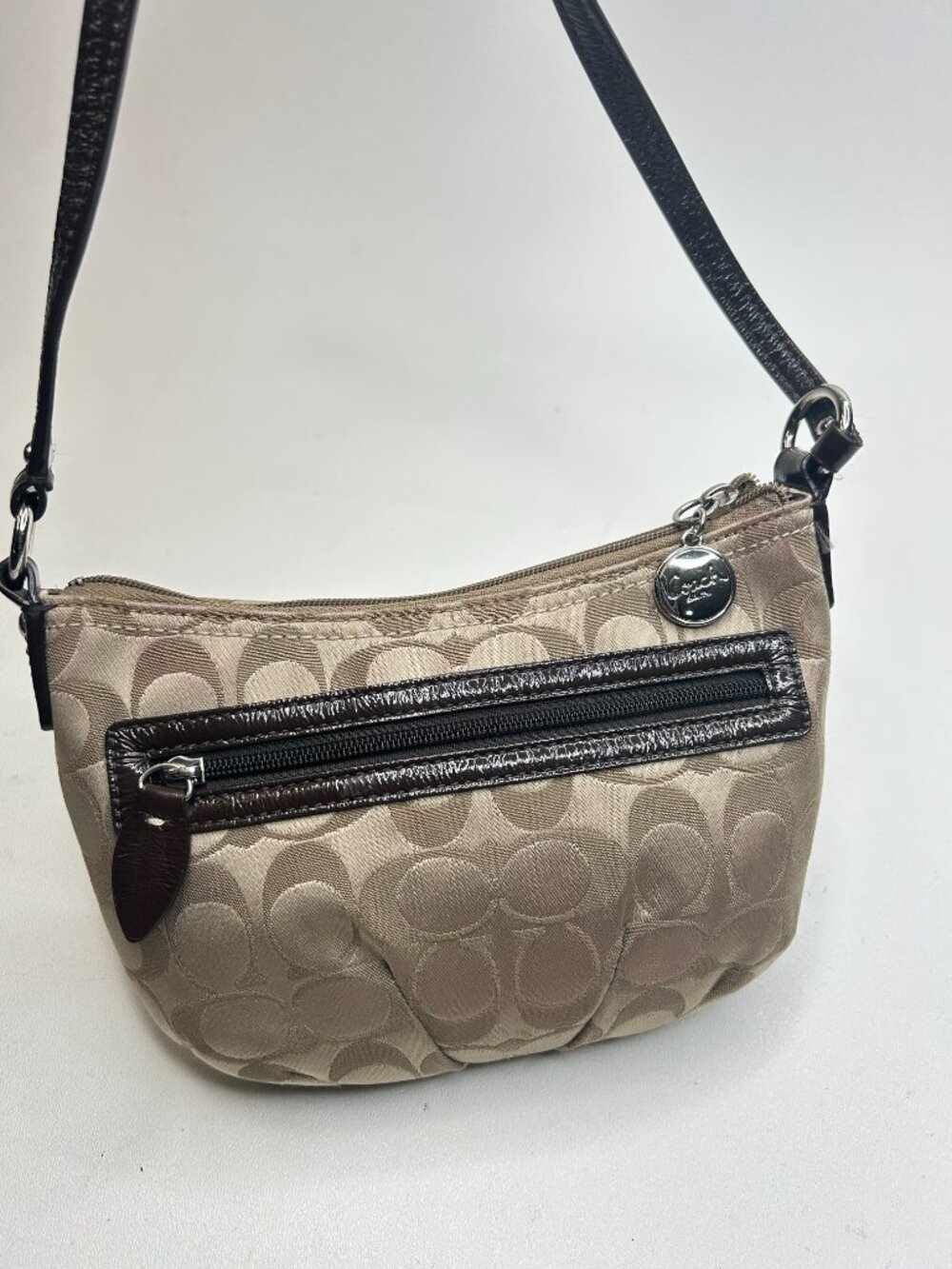 COACH Brown/Khaki Pleated Sateen w/Leather Strap and Trim Swingpack Crossbody